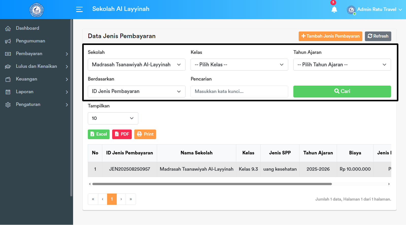 Filter Pencarian Jenis Pembayaran
